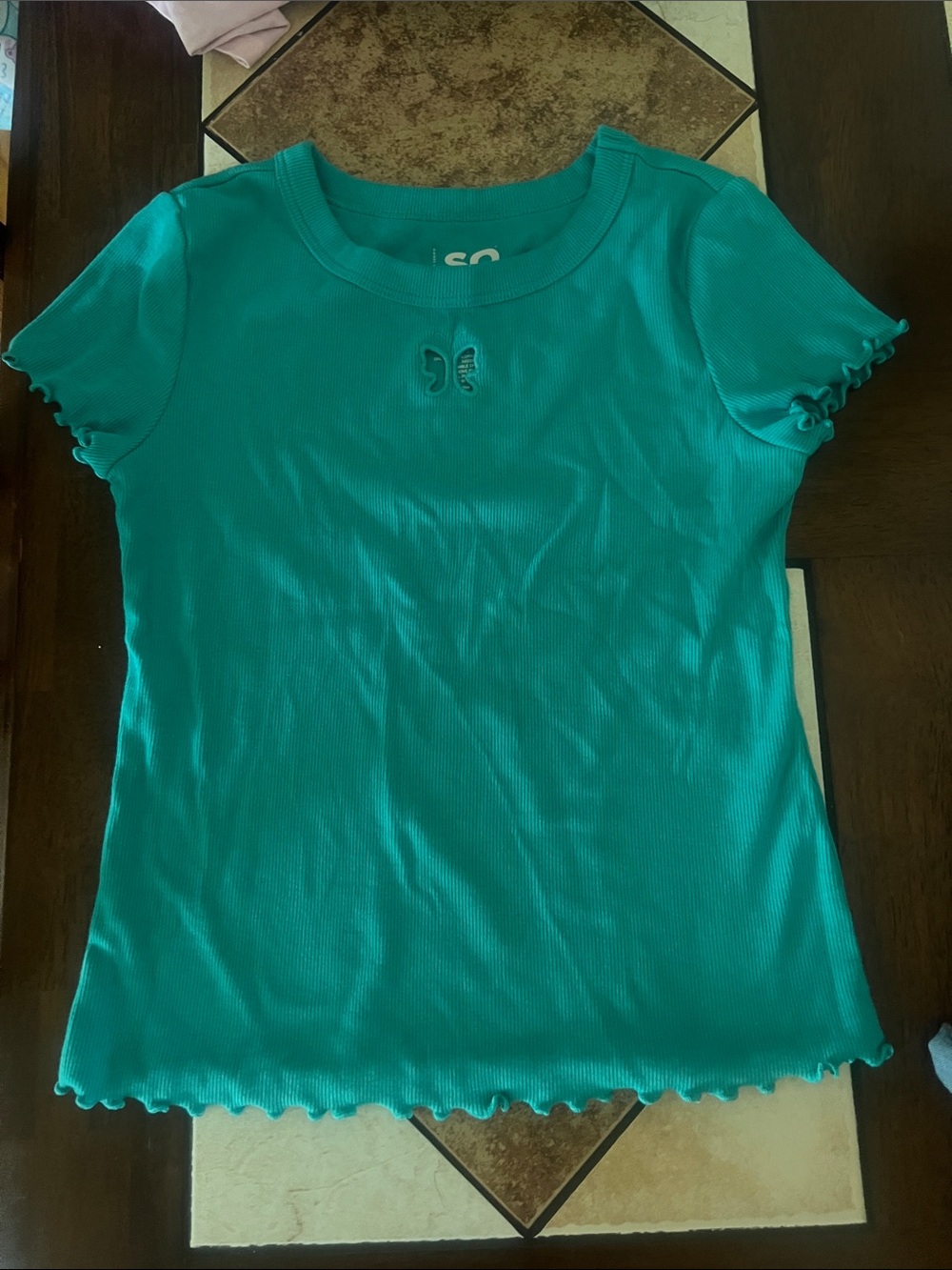 SO Teal Ribbed Short Sleeve Tee with Butterfly Neck Detail